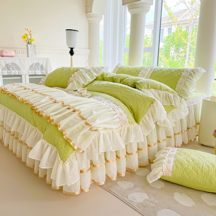 91家纺网 家纺一手货源 找家纺 罗艺轩 2024新款公主风水洗棉夹棉床裙款四件套-花蔓花蔓-元气绿