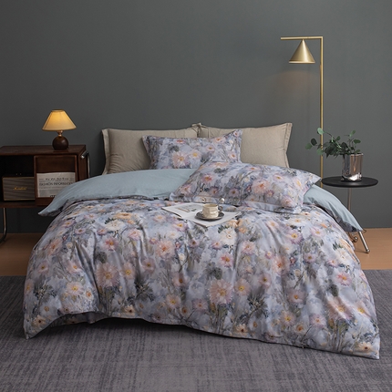 2024新款全棉加厚长绒棉数码印花四件套漫山花影-蓝