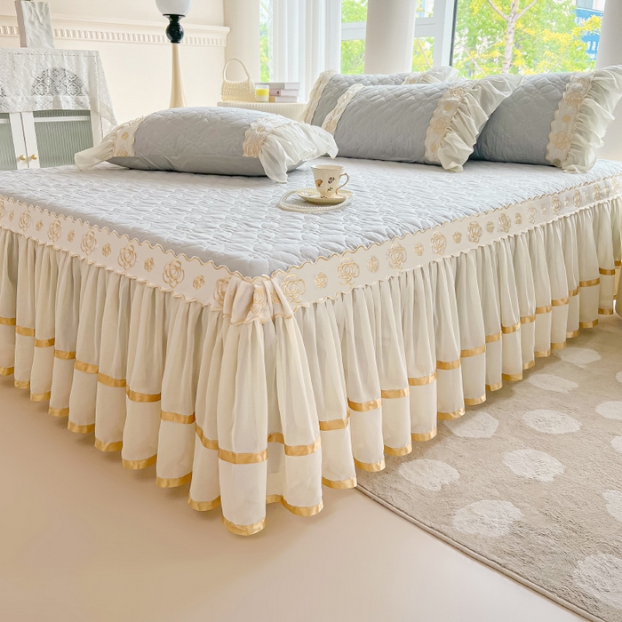 91家纺网 家纺一手货源 找家纺 罗艺轩 2024新款公主风水洗棉夹棉床裙-花蔓花蔓-迷雾灰