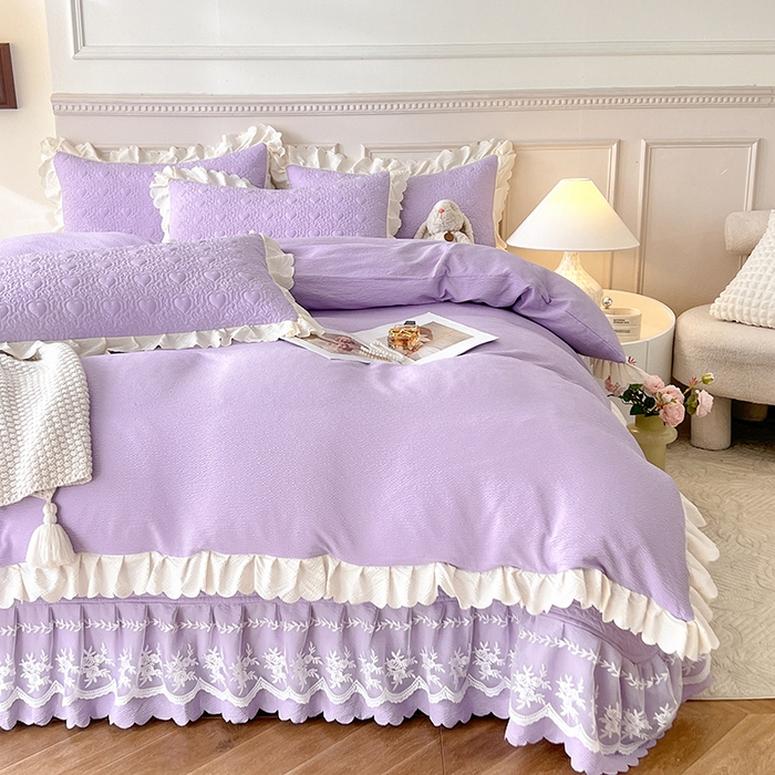 91家纺网 家纺一手货源 找家纺 绒世界 2024新款秋冬泡泡双层纱夹棉床盖四件套 丁香紫