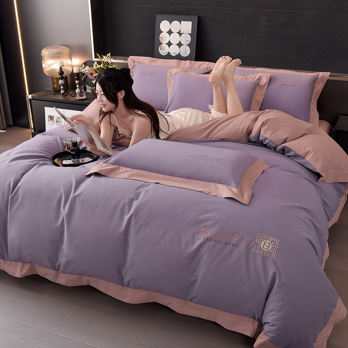 91家纺网 家纺一手货源 找家纺 瑞驰家纺 2024新款长绒棉磨毛四件套-斯特尔 斯特尔-幸福紫+豆沙红