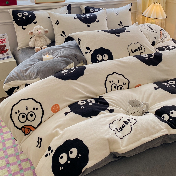 91家纺网 家纺一手货源 找家纺 斯卡诺2025新款直播轻奢爆款小清新牛奶宝宝绒四件套 黑豆精灵