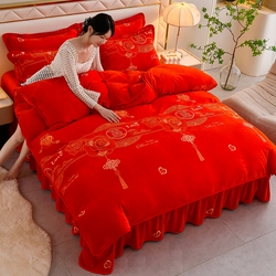 91家纺网 家纺一手货源 找家纺 沐妍家纺 2025新款8斤加厚保暖金貂绒牛奶绒印花四件套 永结同心,永结同心