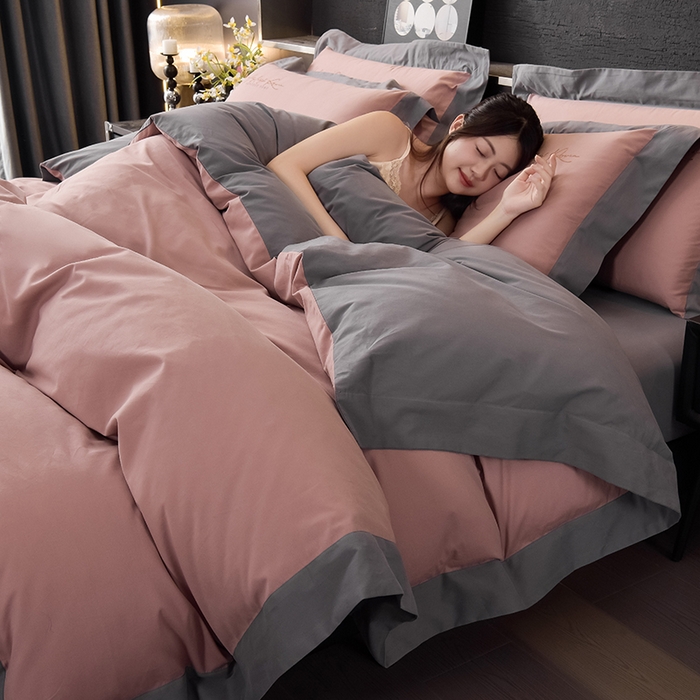 91家纺网 家纺一手货源 找家纺 瑞驰家纺 2024新款长绒棉磨毛四件套-斯特尔 斯特尔-玫瑰粉+深灰