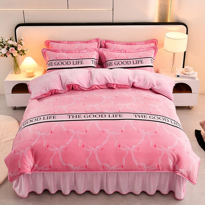 91家纺网 家纺一手货源 找家纺 沐妍家纺 2024新款7斤牛奶法莱绒金貂绒印花四件套 粉黛佳人