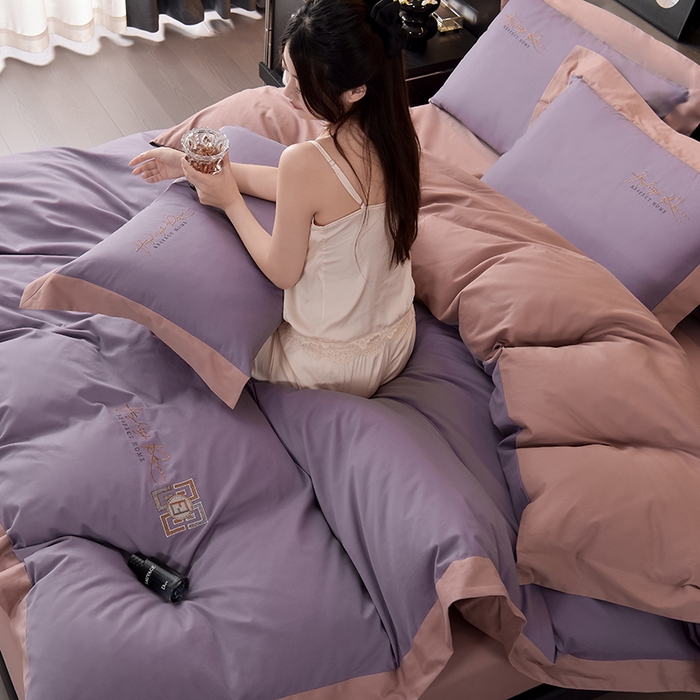 91家纺网 家纺一手货源 找家纺 瑞驰家纺 2024新款长绒棉磨毛四件套-斯特尔 斯特尔-幸福紫+豆沙红