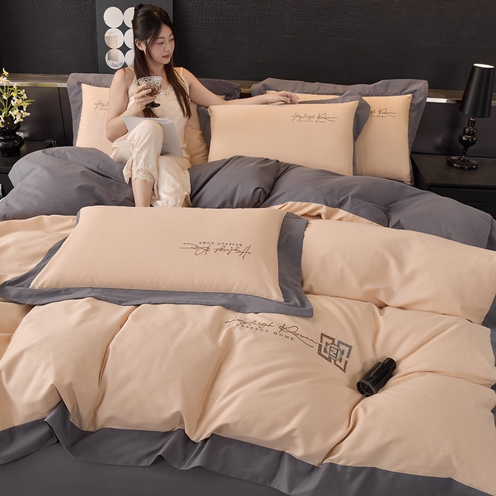 91家纺网 家纺一手货源 找家纺 瑞驰家纺 2024新款长绒棉磨毛四件套-斯特尔 斯特尔-浅香槟+深灰