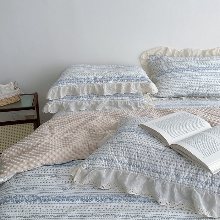 91家纺网 家纺一手货源 找家纺 佰织鑫家居 2024新款全棉法式床盖款四件套蓝颜