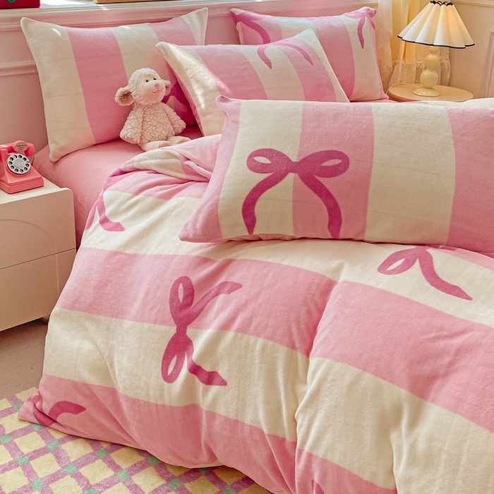 91家纺网 家纺一手货源 找家纺 斯卡诺2025新款直播轻奢爆款小清新牛奶宝宝绒四件套 蝴蝶结粉