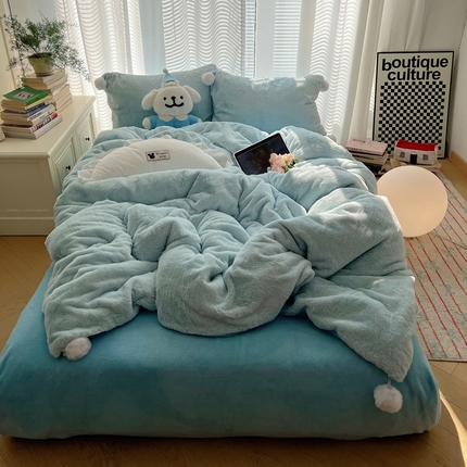 金爱家 2024新款A类兔毛毛球350克立体牛奶绒四件套 毛球纯色-海蓝