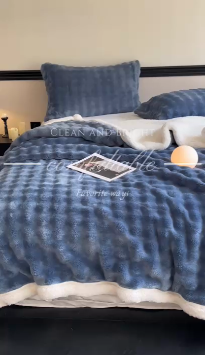 91家纺网 家纺一手货源 找家纺 欧邦 新款仿兔毛泡泡绒羊羔绒毛毯 泡泡双层-宝蓝