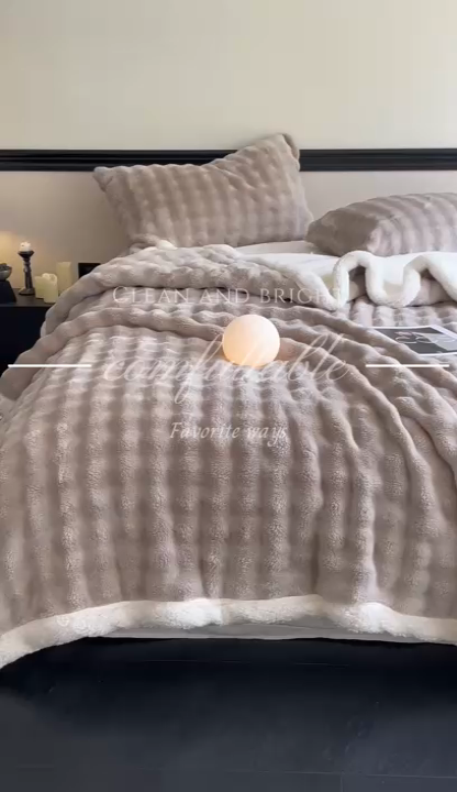 91家纺网 家纺一手货源 找家纺 欧邦 新款仿兔毛泡泡绒羊羔绒毛毯 泡泡双层-卡其