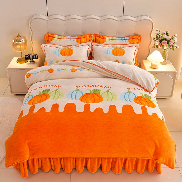 91家纺网 家纺一手货源 找家纺 梦莱情纺2024新款8.5斤牛奶绒四件套日产12000套 南瓜