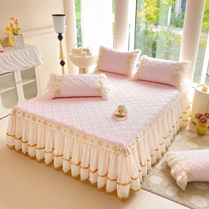 91家纺网 家纺一手货源 找家纺 罗艺轩 2024新款公主风水洗棉夹棉床裙-花蔓花蔓-少女粉