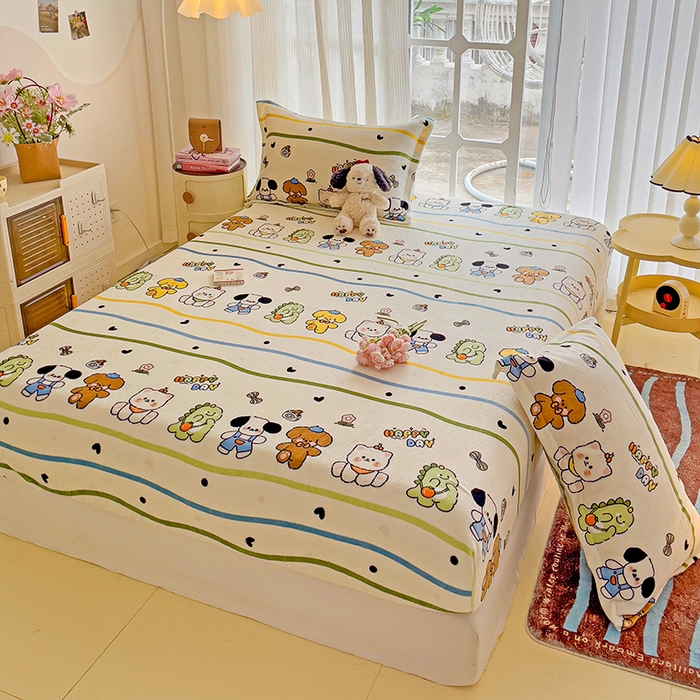 91家纺网 家纺一手货源 找家纺 名兮 2024卡通时尚风高克重牛奶绒床笠 快乐宝贝