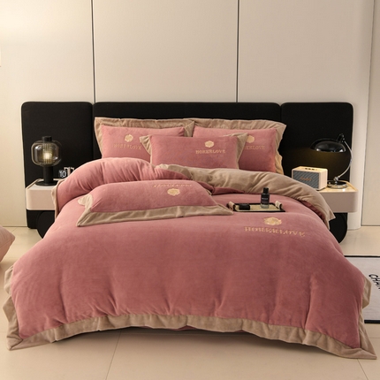 氧家 2024新款宽边撞色对角牛奶绒绣花四件套--花颜对角 花韵-豆沙