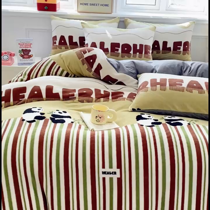 91家纺网 家纺一手货源 找家纺 斯卡诺2025新款直播轻奢爆款小清新牛奶宝宝绒四件套 大熊猫