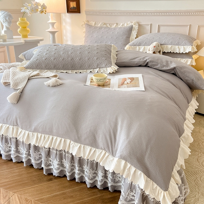 91家纺网 家纺一手货源 找家纺 绒世界 2024新款秋冬泡泡双层纱夹棉床盖四件套 摩登灰