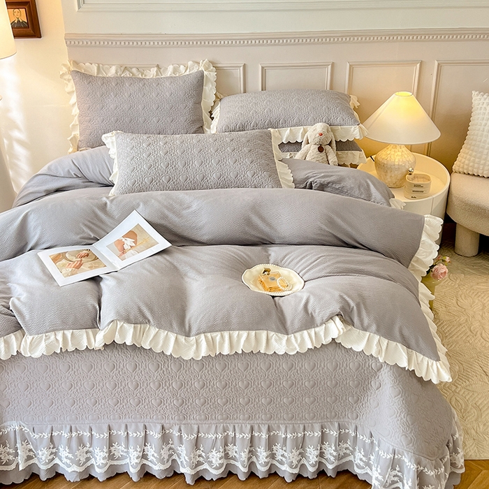 91家纺网 家纺一手货源 找家纺 绒世界 2024新款秋冬泡泡双层纱夹棉床盖四件套 摩登灰
