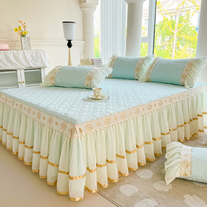 91家纺网 家纺一手货源 找家纺 罗艺轩 2024新款公主风水洗棉夹棉床裙-花蔓花蔓-海盐蓝