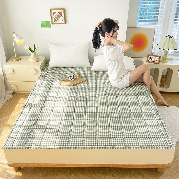 91家纺网 家纺一手货源 找家纺 丽诺 2024新款全棉色织棉花床护垫全棉色织水洗棉-绿小格