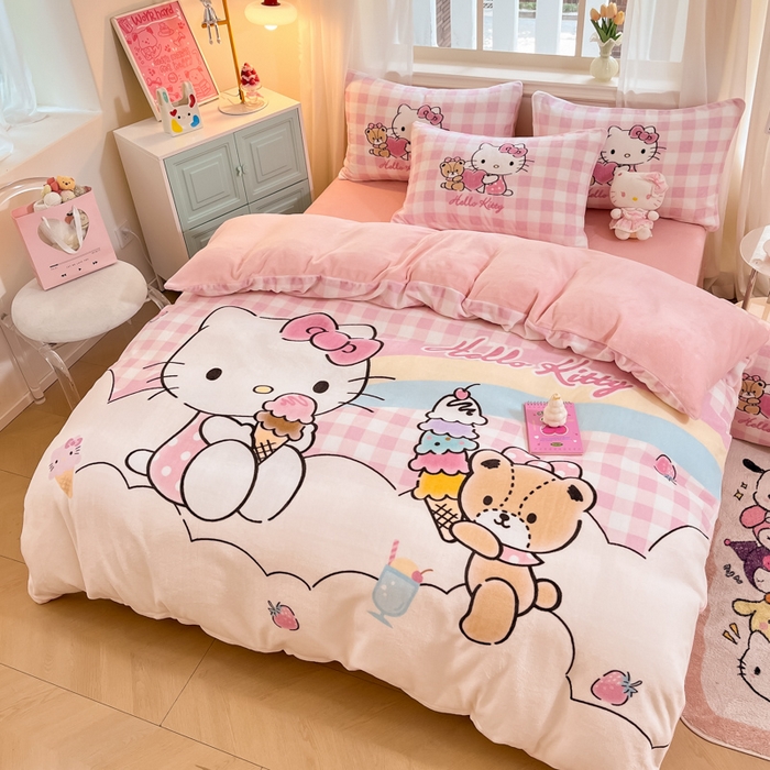 91家纺网 家纺一手货源 找家纺 金爱家 2024新款三丽鸥大版加厚牛奶绒四件套-第二批 绒大版-R彩虹甜筒kitty