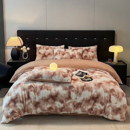 嗯呢家纺 2024新款A类高克重全消光雪貂绒扎染风四件套-七彩 七彩-豆沙