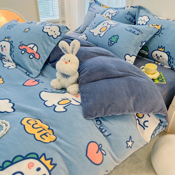 91家纺网 家纺一手货源 找家纺 寐居家纺 2024新款A类小清新牛奶绒印花四件套 恐龙宝贝