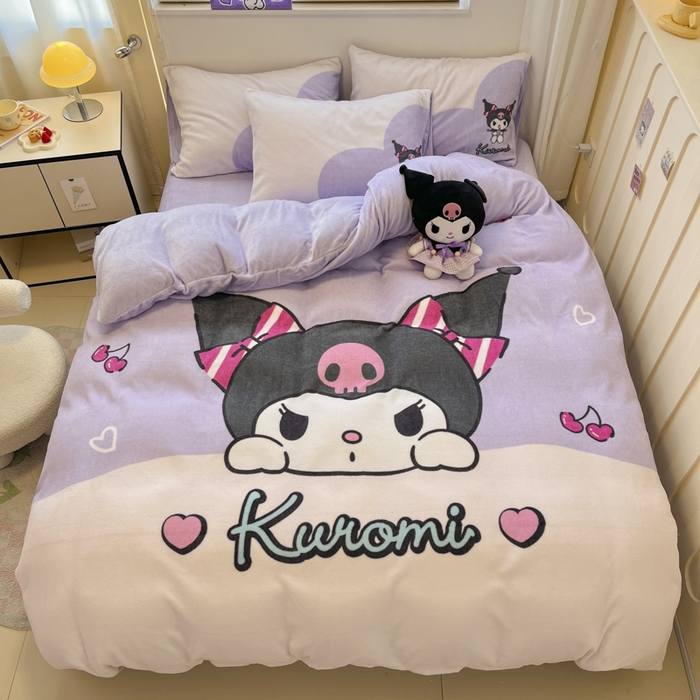 91家纺网 家纺一手货源 找家纺 金爱家 2024新款三丽鸥大版加厚牛奶绒四件套-第二批 绒R呆萌库洛米