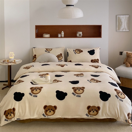 2025新款小清新双面牛奶绒四件套 呆萌熊