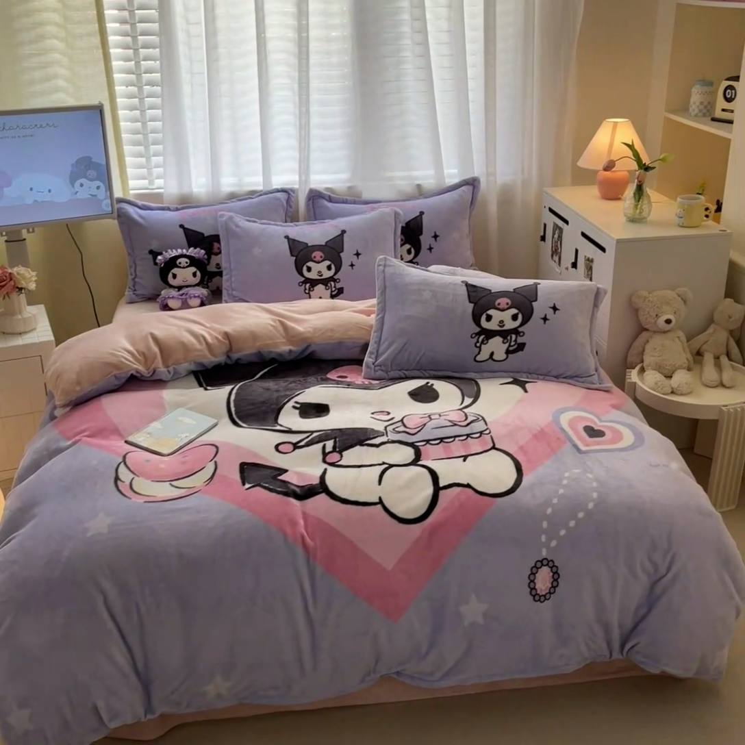 91家纺网 家纺一手货源 找家纺 金爱家 2024新款三丽鸥大版加厚牛奶绒四件套-第二批 礼物库洛米