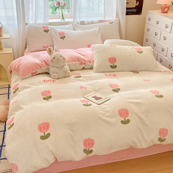 91家纺网 家纺一手货源 找家纺 慕澄家纺 2024新款小清新可爱印花牛奶绒加厚保暖四件套 粉色郁金香