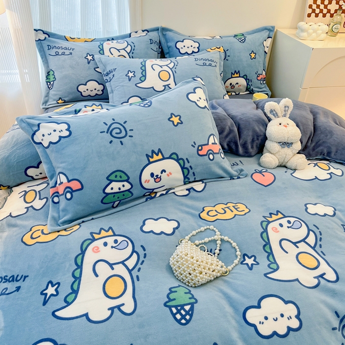 91家纺网 家纺一手货源 找家纺 寐居家纺 2024新款A类小清新牛奶绒印花四件套 恐龙宝贝