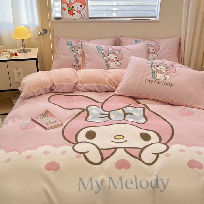 91家纺网 家纺一手货源 找家纺 金爱家 2024新款三丽鸥大版加厚牛奶绒四件套-第二批 绒R萌萌美乐蒂