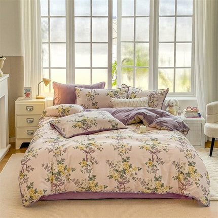 2025新款三角针贝壳边棉加牛奶绒工艺款四件套 优雅恋人