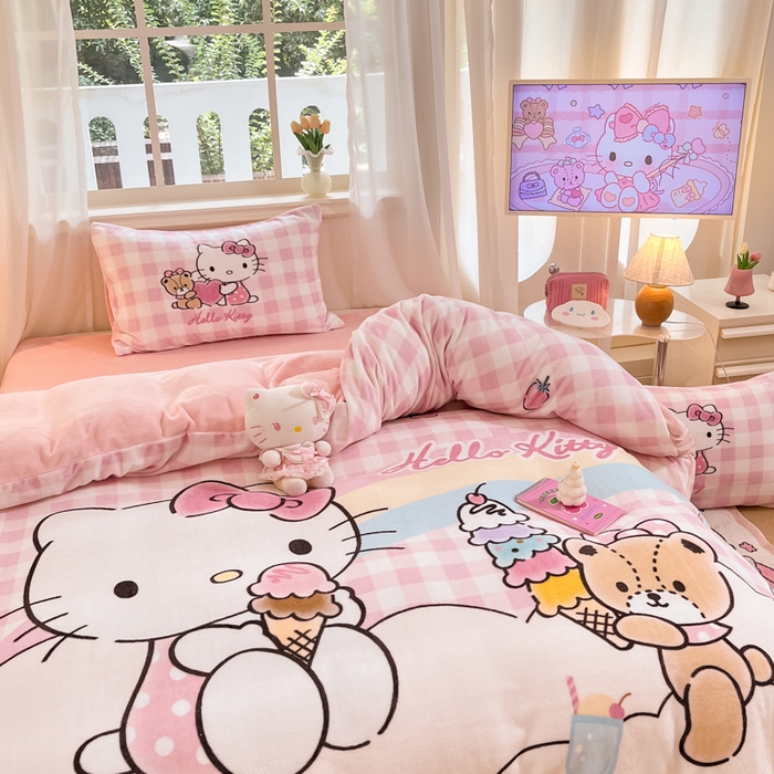 91家纺网 家纺一手货源 找家纺 金爱家 2024新款三丽鸥大版加厚牛奶绒四件套-第二批 绒大版-R彩虹甜筒kitty