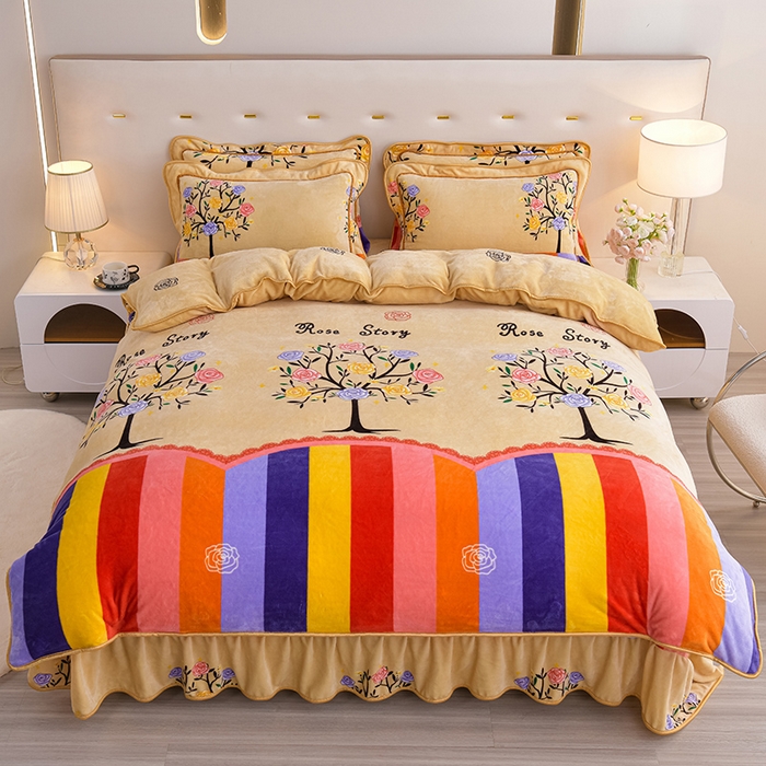 91家纺网 家纺一手货源 找家纺 阿亮家居 2024新款8.5斤保暖牛奶绒金貂绒床裙款四件套 浪漫玫瑰