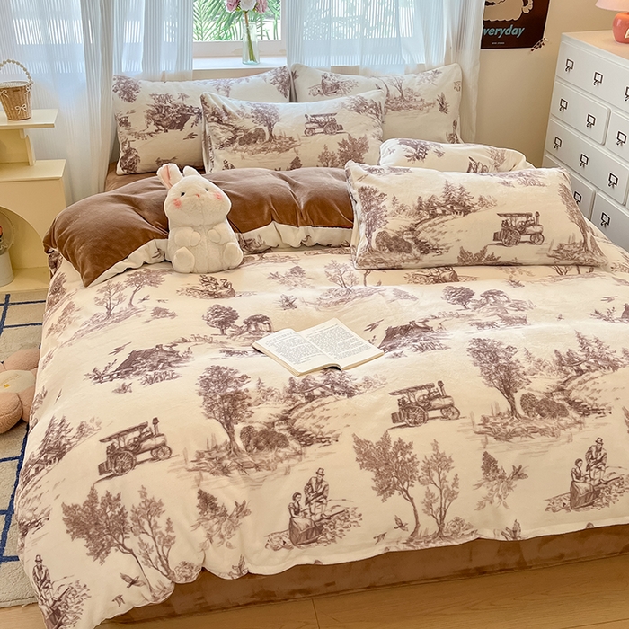 91家纺网 家纺一手货源 找家纺 慕澄家纺 2024新款小清新可爱印花牛奶绒加厚保暖四件套 山水