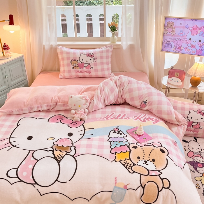 91家纺网 家纺一手货源 找家纺 金爱家 2024新款三丽鸥大版加厚牛奶绒四件套-第二批 绒大版-R彩虹甜筒kitty