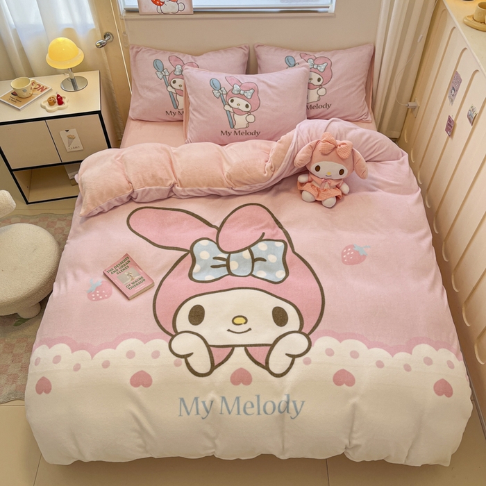 91家纺网 家纺一手货源 找家纺 金爱家 2024新款三丽鸥大版加厚牛奶绒四件套-第二批 绒R萌萌美乐蒂