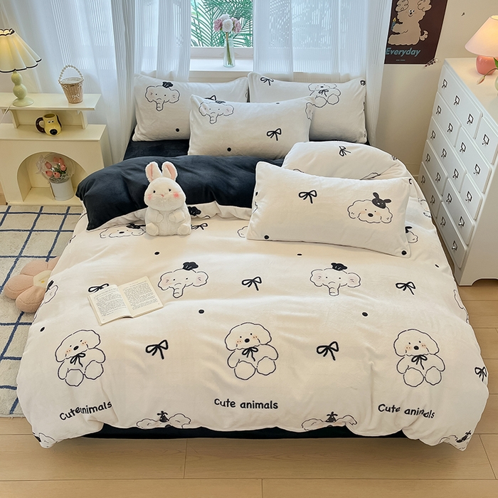 91家纺网 家纺一手货源 找家纺 慕澄家纺 2024新款小清新可爱印花牛奶绒加厚保暖四件套 快乐伙伴