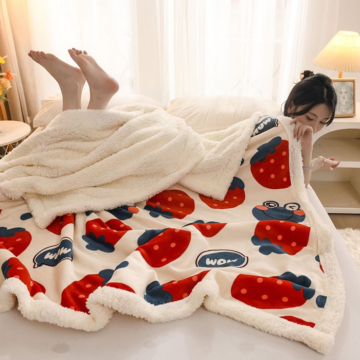 91家纺网 家纺一手货源 找家纺 2025新款毛毯AB版牛奶绒+羊羔绒毯子复合多功能午睡毯 草莓-兰