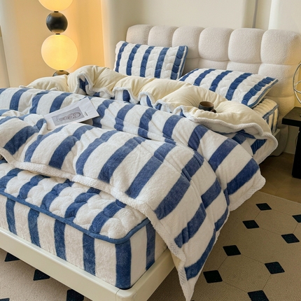 91家纺网 家纺一手货源 找家纺 （总）2024秋冬新款A类北极绒加厚夹棉床笠+北极绒宽包边被套四件套（暖光图）