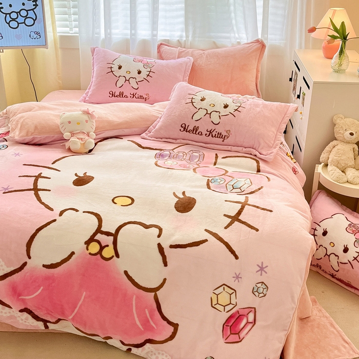 91家纺网 家纺一手货源 找家纺 金爱家 2024新款三丽鸥大版加厚牛奶绒四件套-第二批 宝石kt