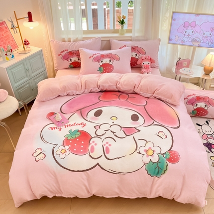 金爱家 2024新款三丽鸥大版加厚牛奶绒四件套-第二批 绒大版-R草莓果汁美乐蒂