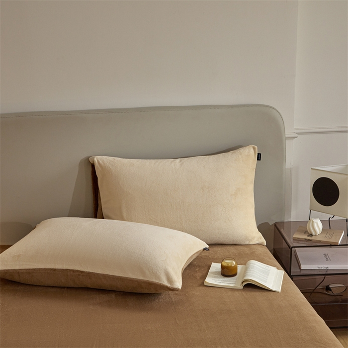 91家纺网 家纺一手货源 找家纺 启程家纺 2024新款A类加厚230克纯色双拼牛奶绒四件套 奶咖+奶茶咖