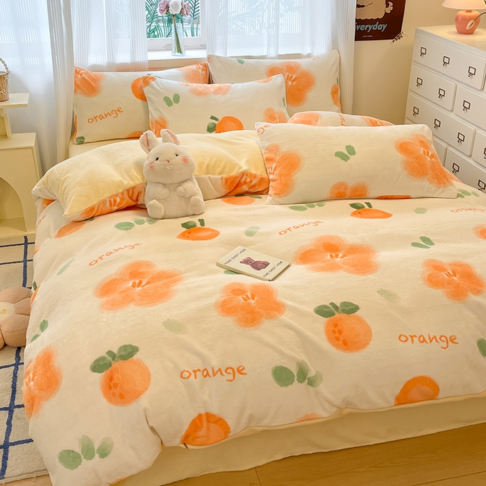 91家纺网 家纺一手货源 找家纺 慕澄家纺 2024新款小清新可爱印花牛奶绒加厚保暖四件套 橙意满满