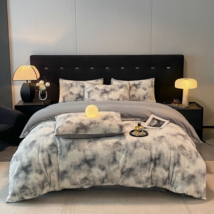 91家纺网 家纺一手货源 找家纺 嗯呢家纺 2024新款A类高克重全消光雪貂绒扎染风四件套-七彩 七彩-灰