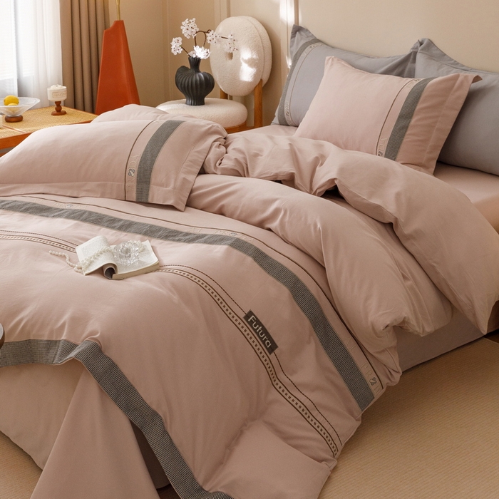 91家纺网 家纺一手货源 找家纺 2024新款A类云柔棉加密柔顺磨毛四件套千鸟格系列 千鸟格-浅豆沙