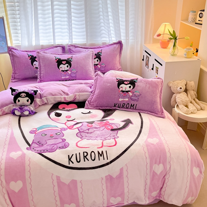 91家纺网 家纺一手货源 找家纺 金爱家 2024新款三丽鸥大版加厚牛奶绒四件套-第二批 爱心库洛米-